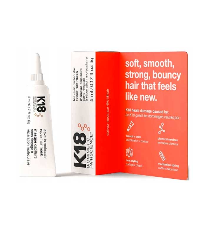  K18 Mini mascarilla de reparación molecular sin enjuague para  reparar el cabello dañado, 4 minutos para revertir el daño causado por  lejía + color, servicios químicos, calor, 0.5 fl oz 